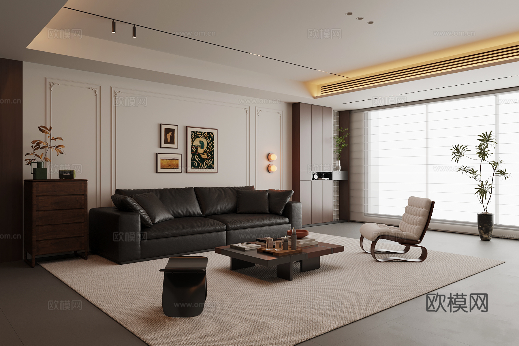 中古风客厅 沙发茶几组合 背景墙su模型