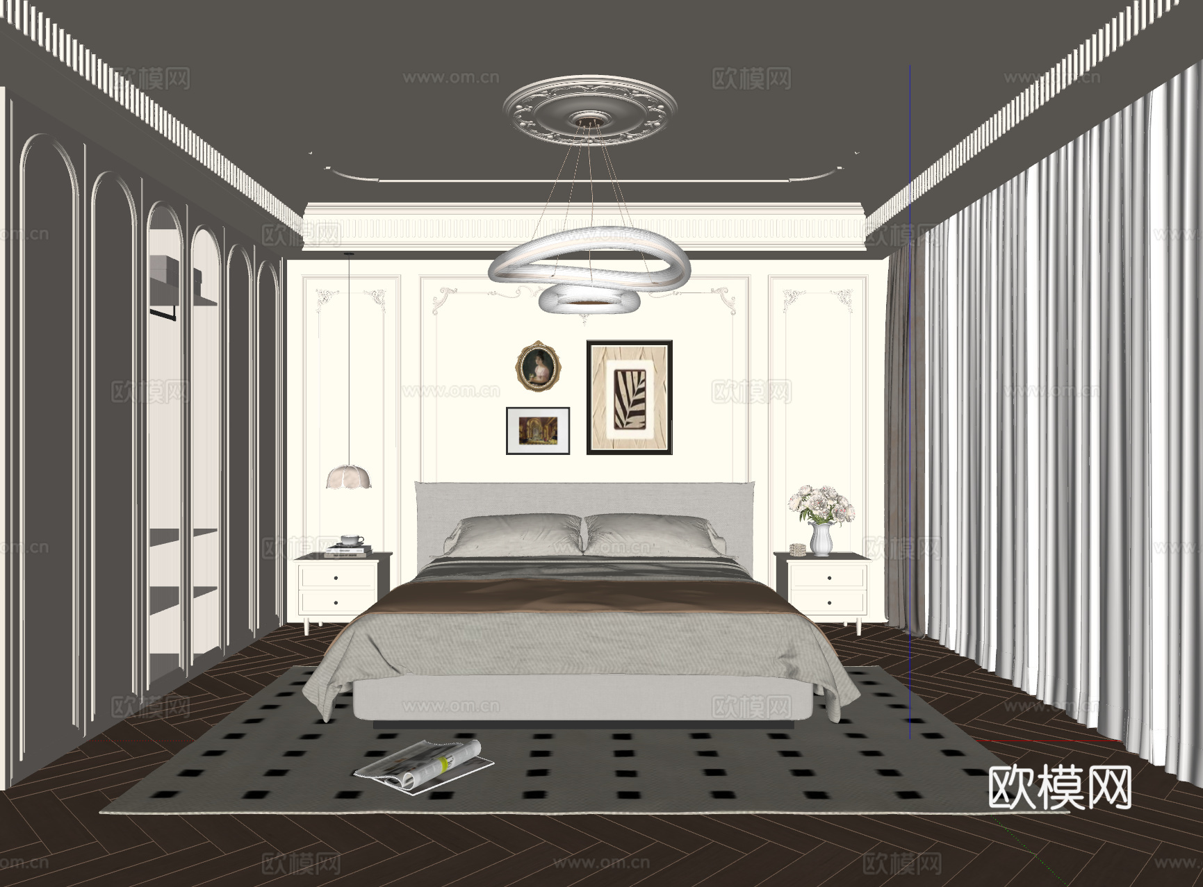 法式奶油风卧室 布艺双人床 床头柜 吊灯 挂画 地毯su模型