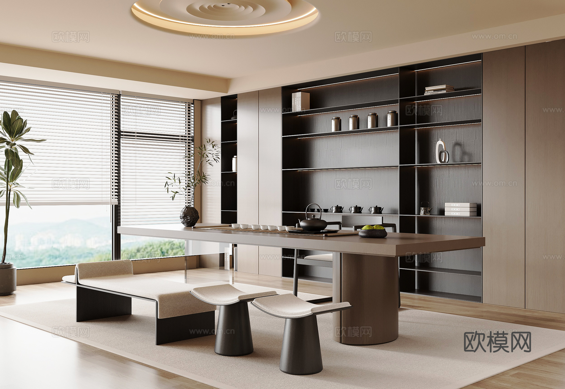 现代意式茶室 茶桌椅 茶柜su模型