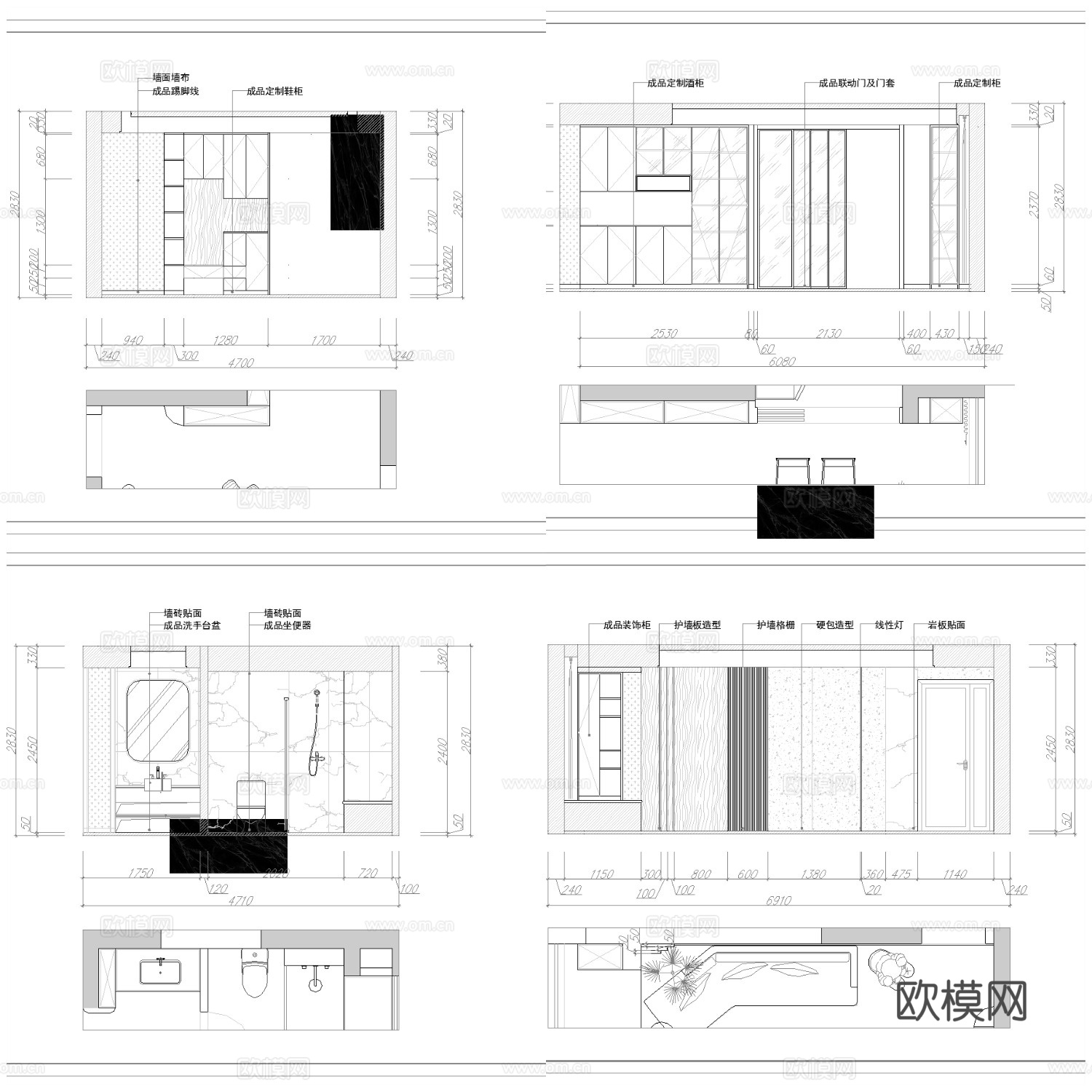2套意式风样板间 最新全套 效果图 施工图设计cad施工图