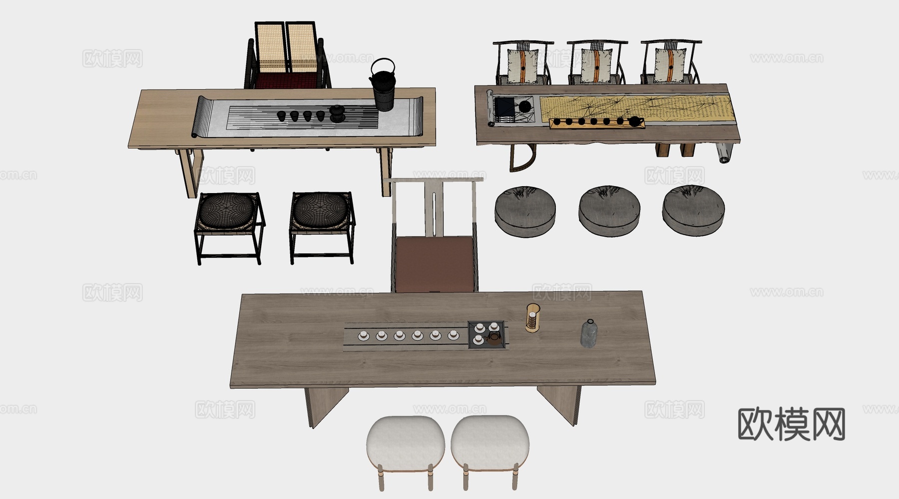 新中式茶桌椅 茶台 茶室桌椅su模型
