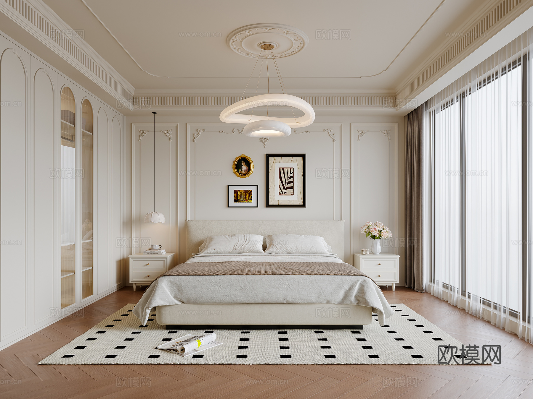 法式奶油风卧室 布艺双人床 床头柜 吊灯 挂画 地毯su模型