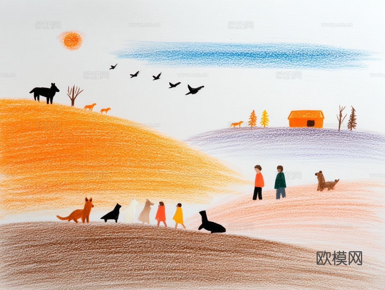 儿童房挂画手工蜡笔画手工铅笔画彩色铅笔画