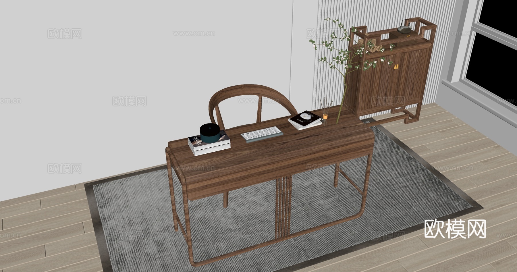 新中式书桌椅组合 摆件组合 书桌su模型