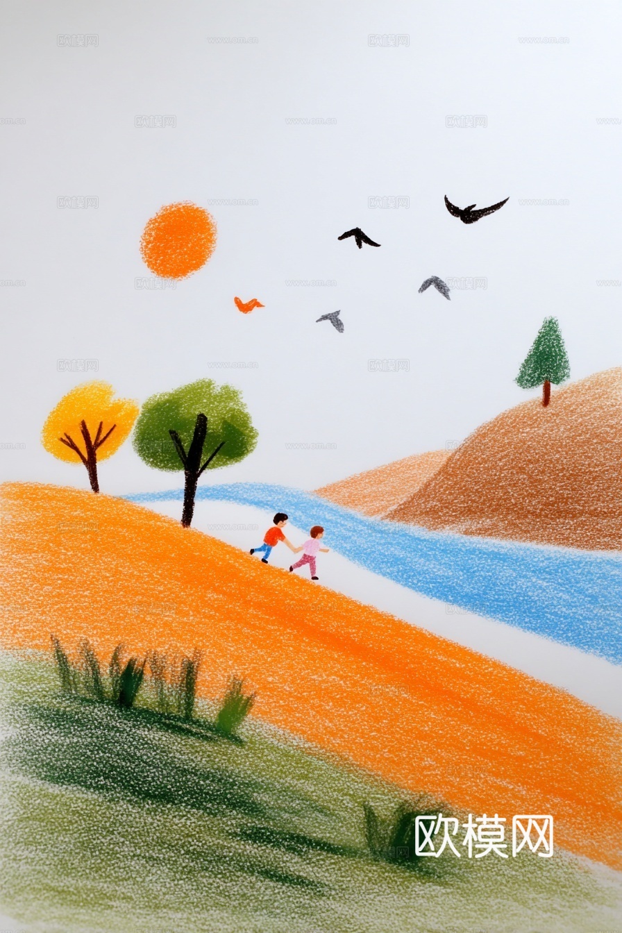 儿童房挂画手工蜡笔画手工铅笔画彩色铅笔画