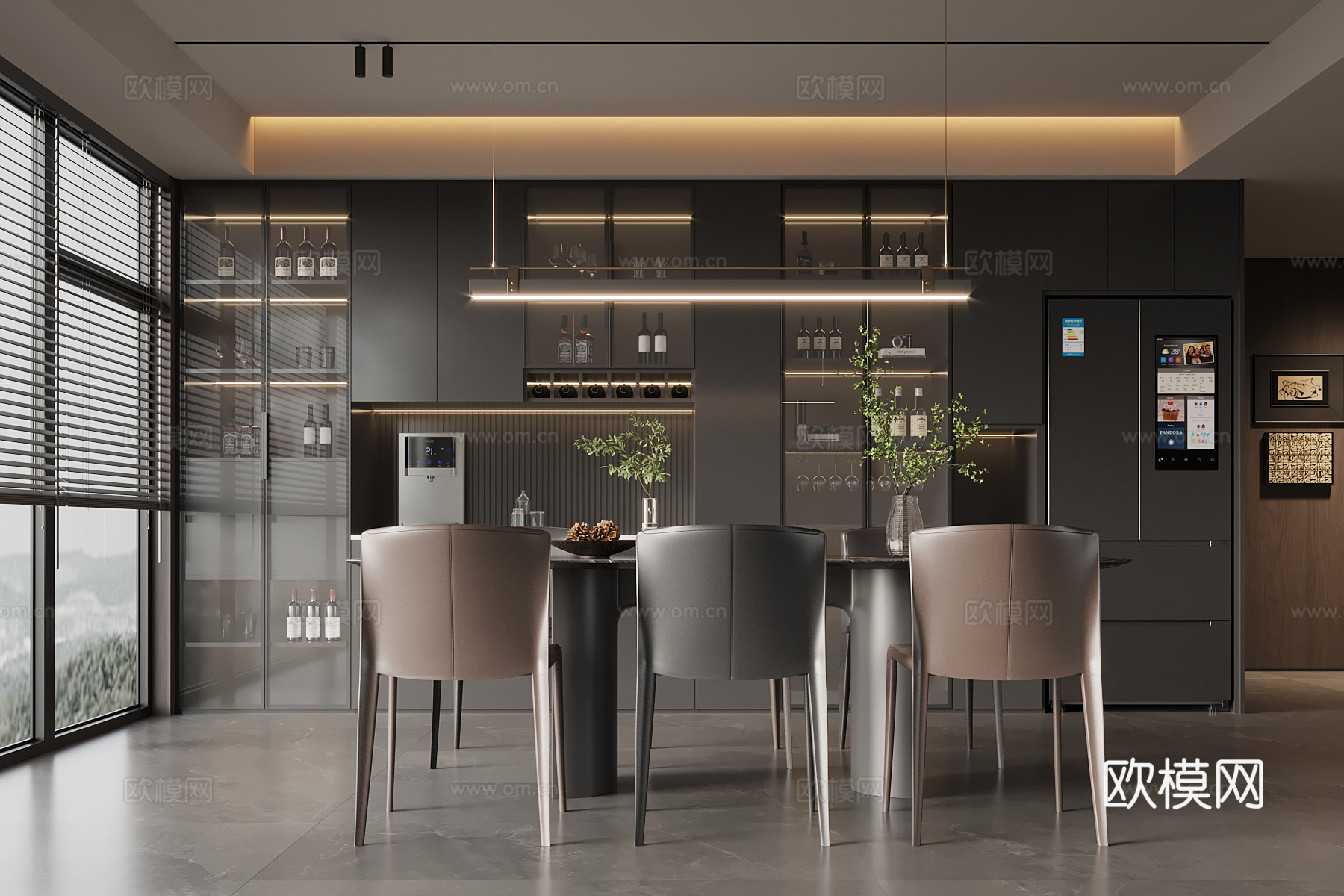 现代意式餐厅 酒柜 餐边柜 餐桌椅su模型