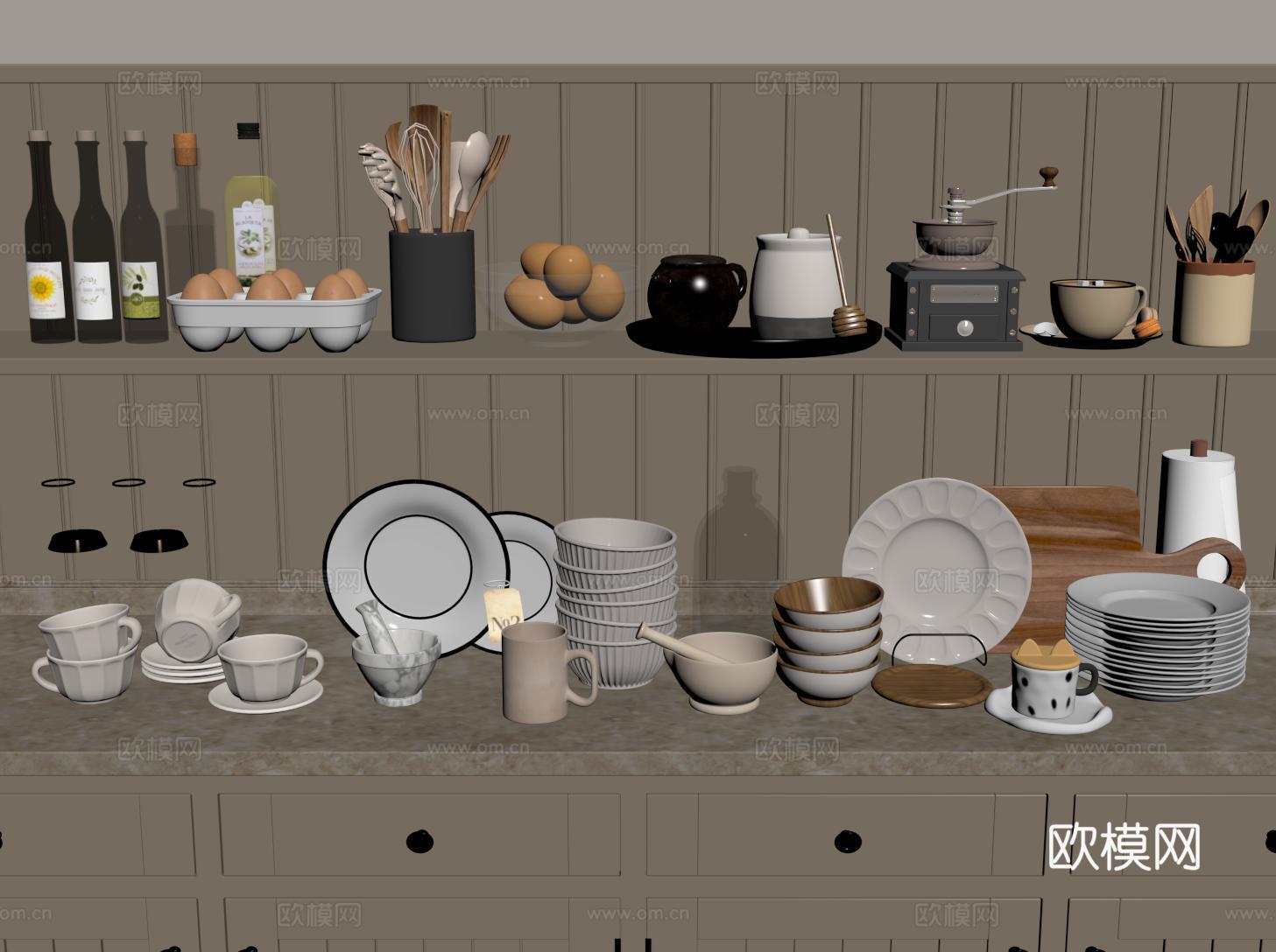 现代厨房用品 餐具 水杯 盘子 食物su模型