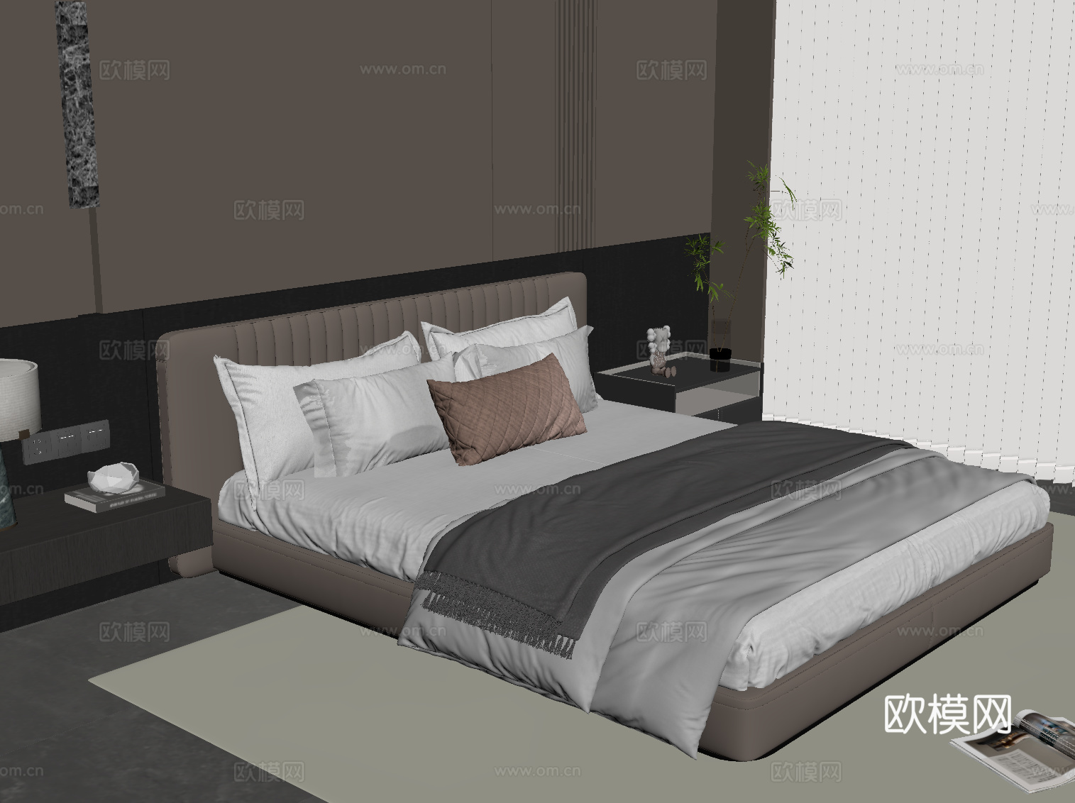 现代意式卧室 双人床su模型