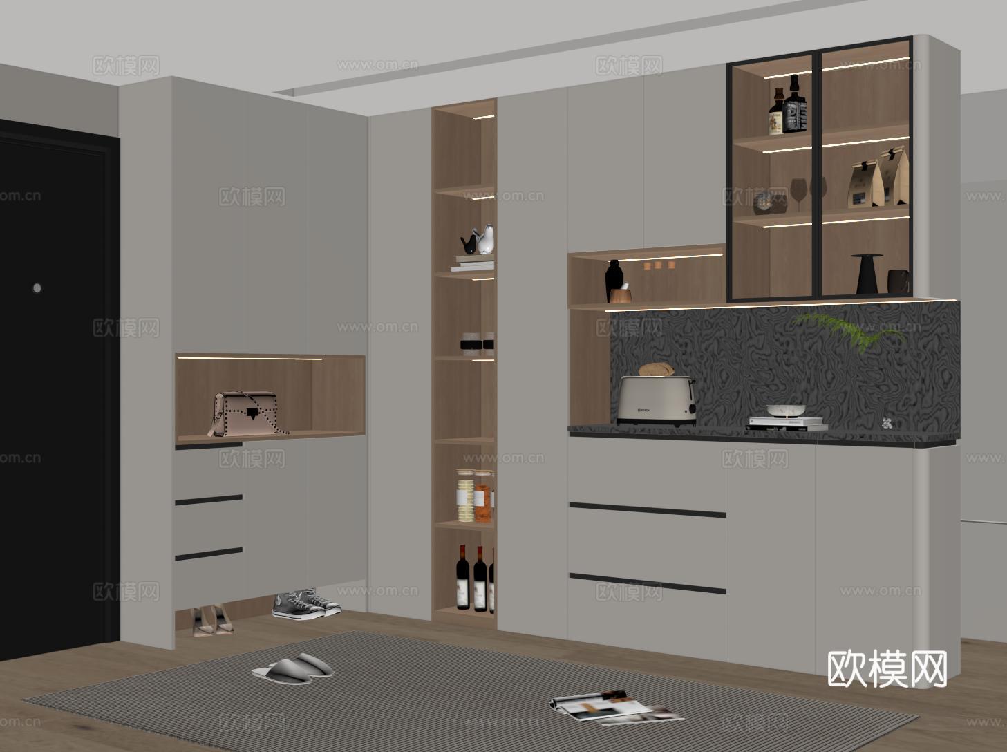 现代酒柜鞋柜一体柜 拐角鞋柜酒柜 鞋柜 酒柜su模型