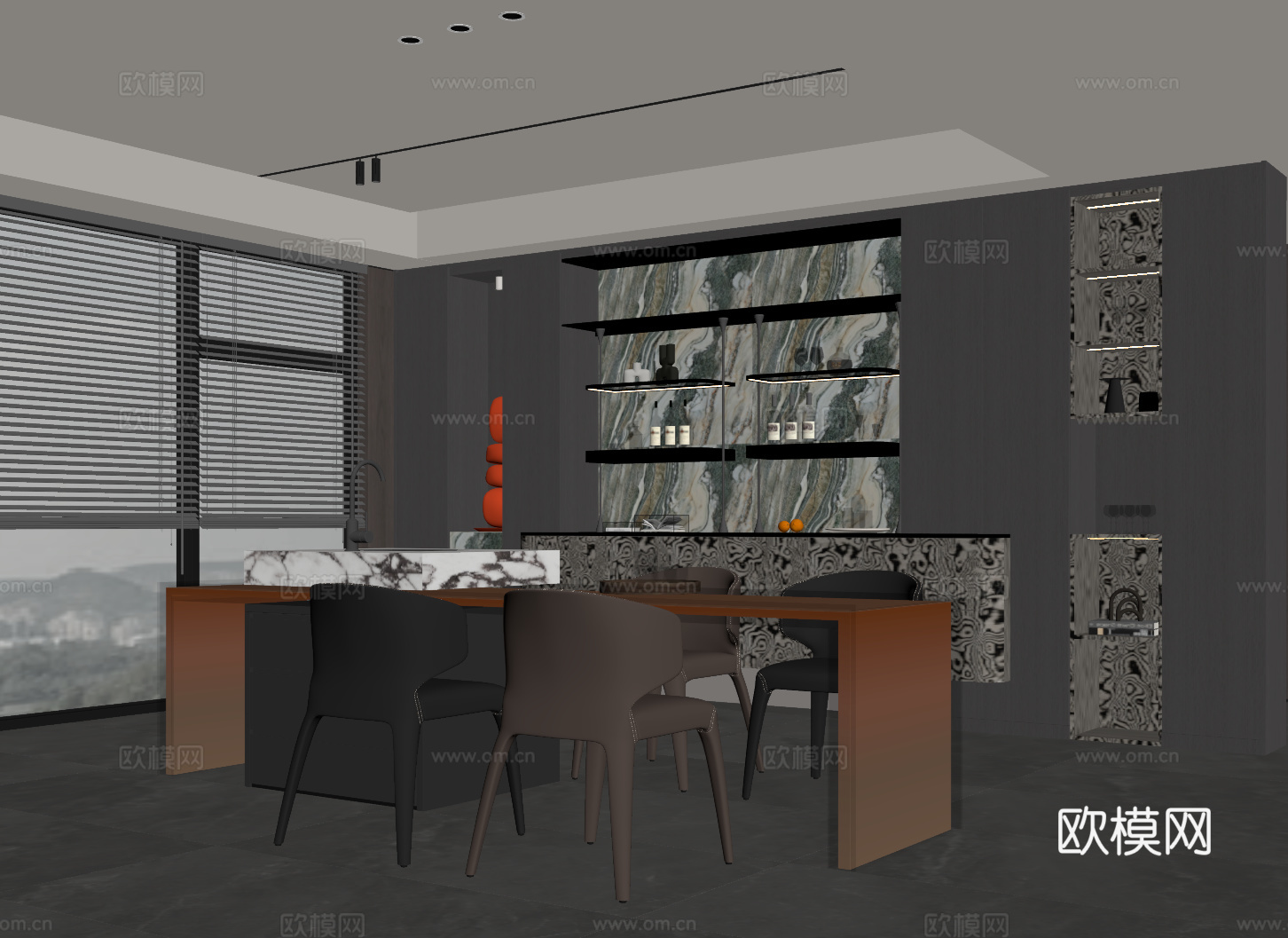 现代意式餐厅 酒柜 餐边柜 餐桌椅su模型