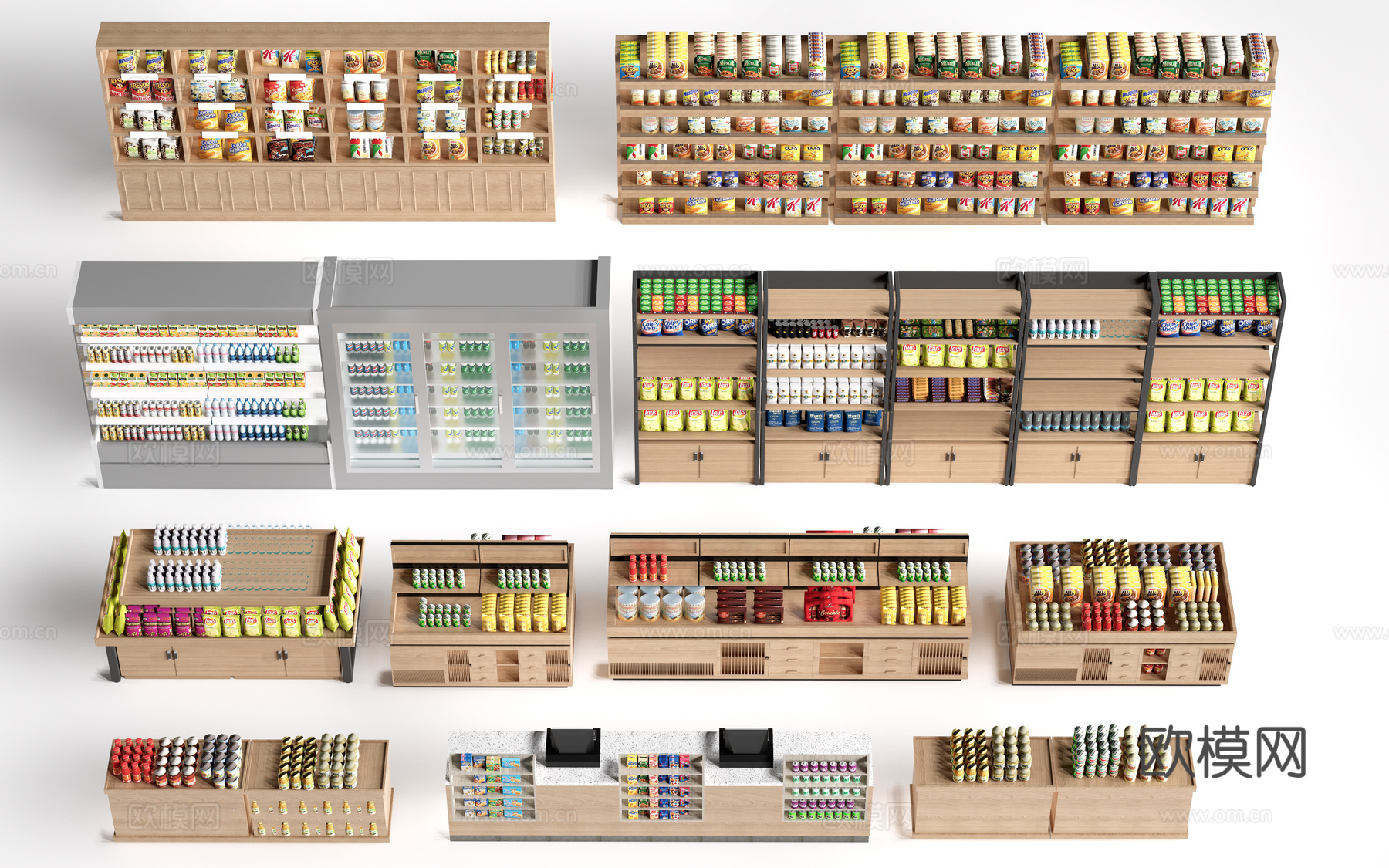 现代超市货架 零食店货架 置物架 文创展架su模型