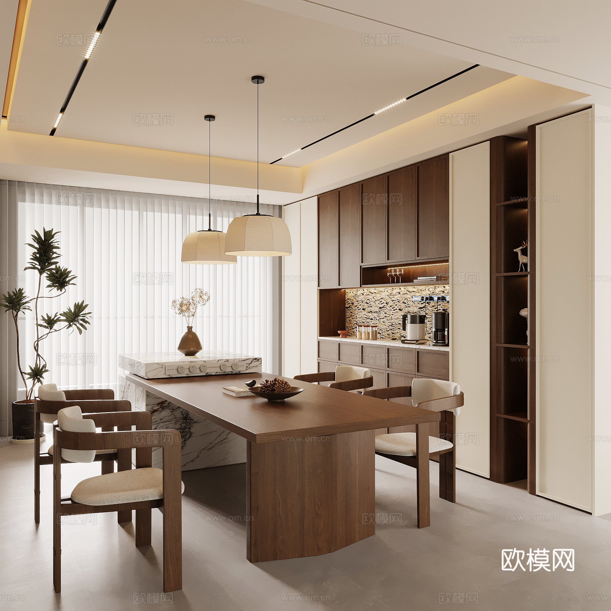 中古风餐厅 餐桌椅 酒柜 餐边柜su模型