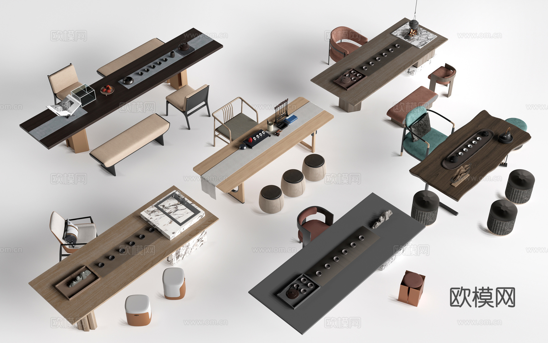 新中式茶桌椅 茶台 茶室桌椅su模型