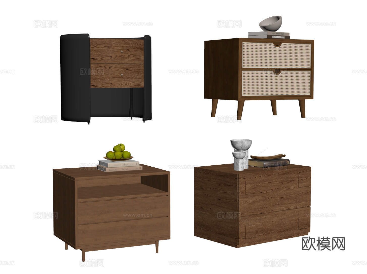 中古实木床头柜 意式床头柜 圆形 藤编su模型