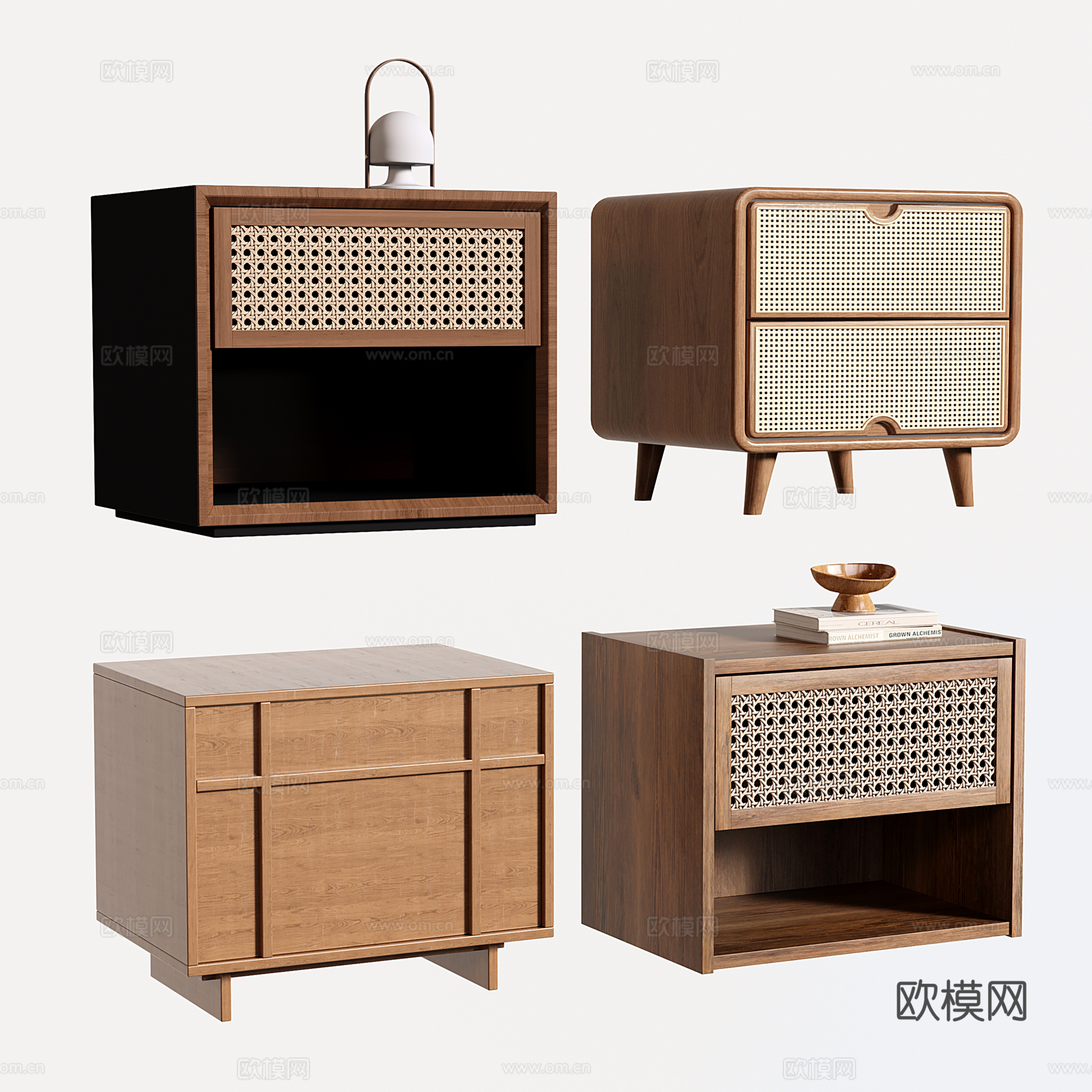 中古实木床头柜 侘寂藤编床头柜su模型