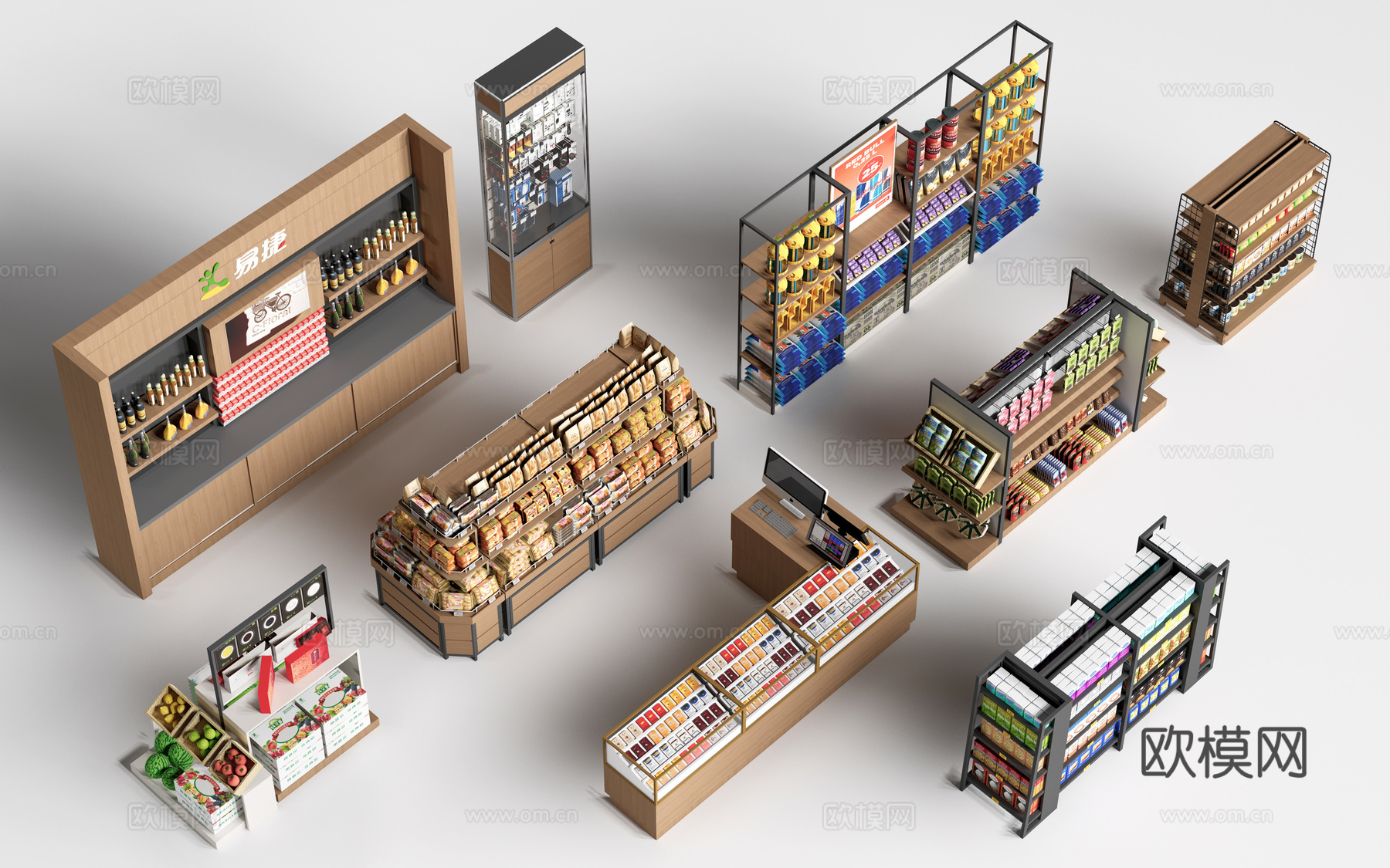 现代超市货架 零食店货架 置物架 文创展架su模型