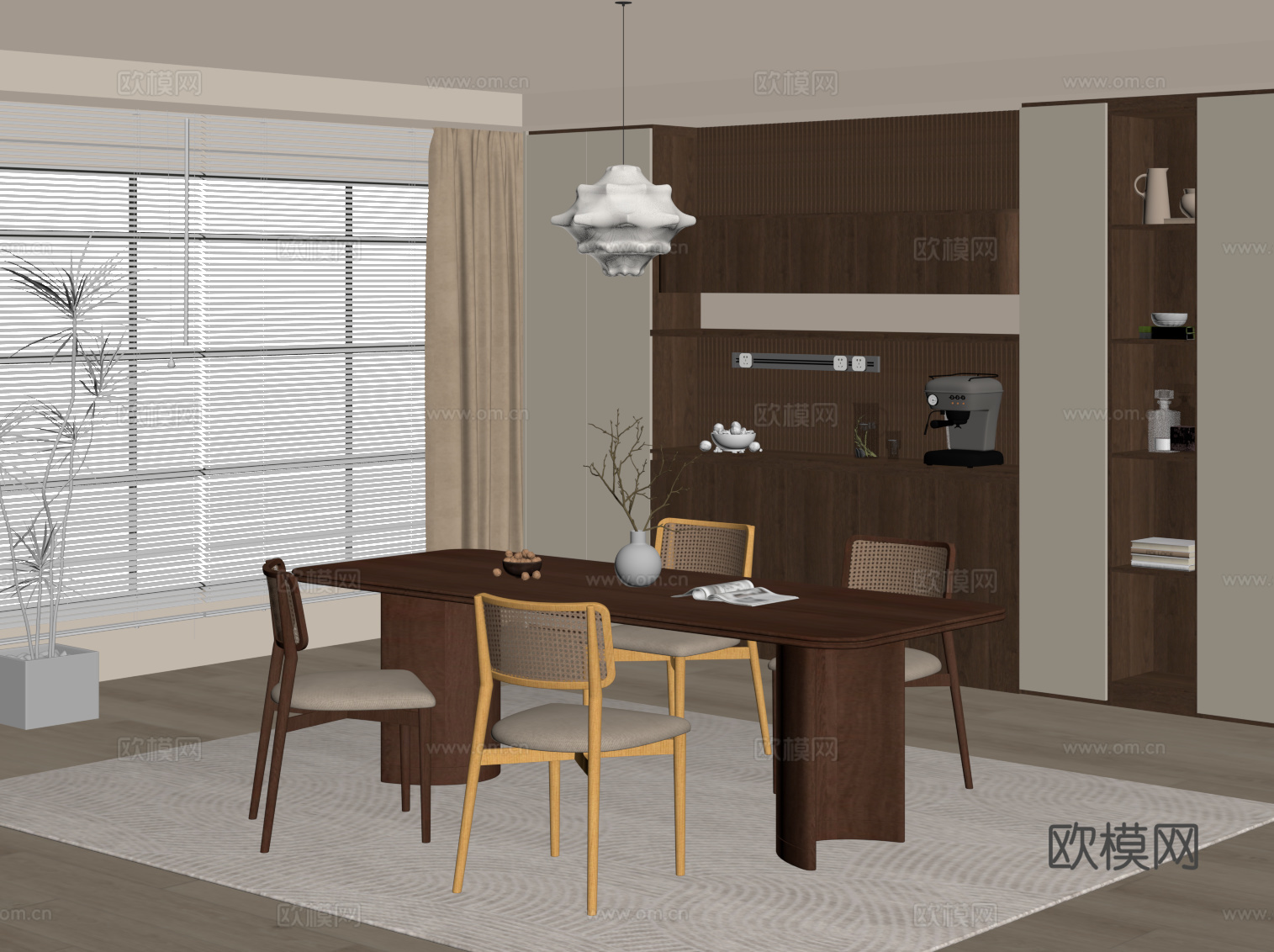 中古风餐厅 酒柜 餐边柜 餐桌椅su模型