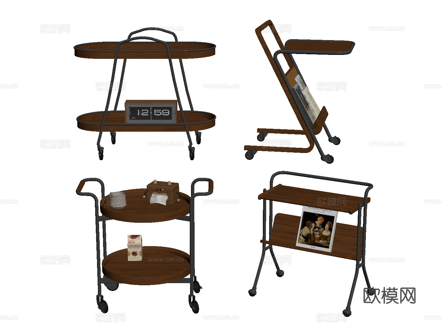 复古小推车边几 中古移动边几 不锈钢边几 置物收纳架su模型