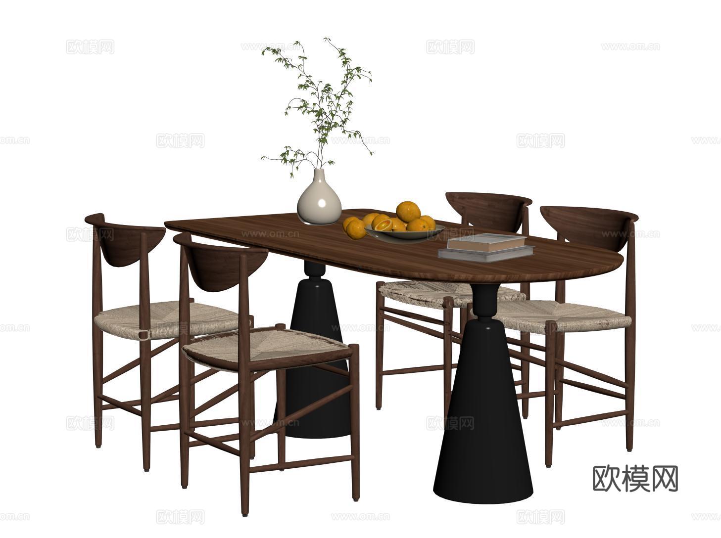中古餐桌椅 圆弧长餐桌 餐椅su模型