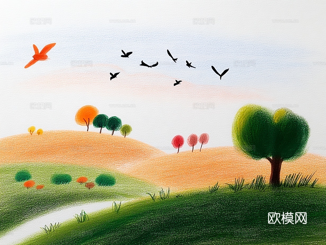 儿童房挂画手工蜡笔画手工铅笔画彩色铅笔画