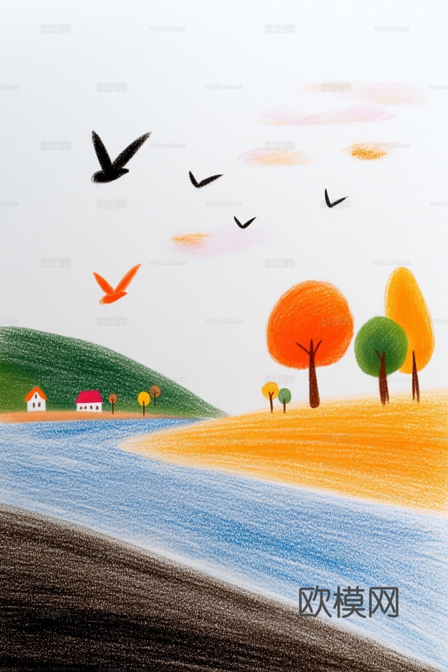 儿童房挂画手工蜡笔画手工铅笔画彩色铅笔画