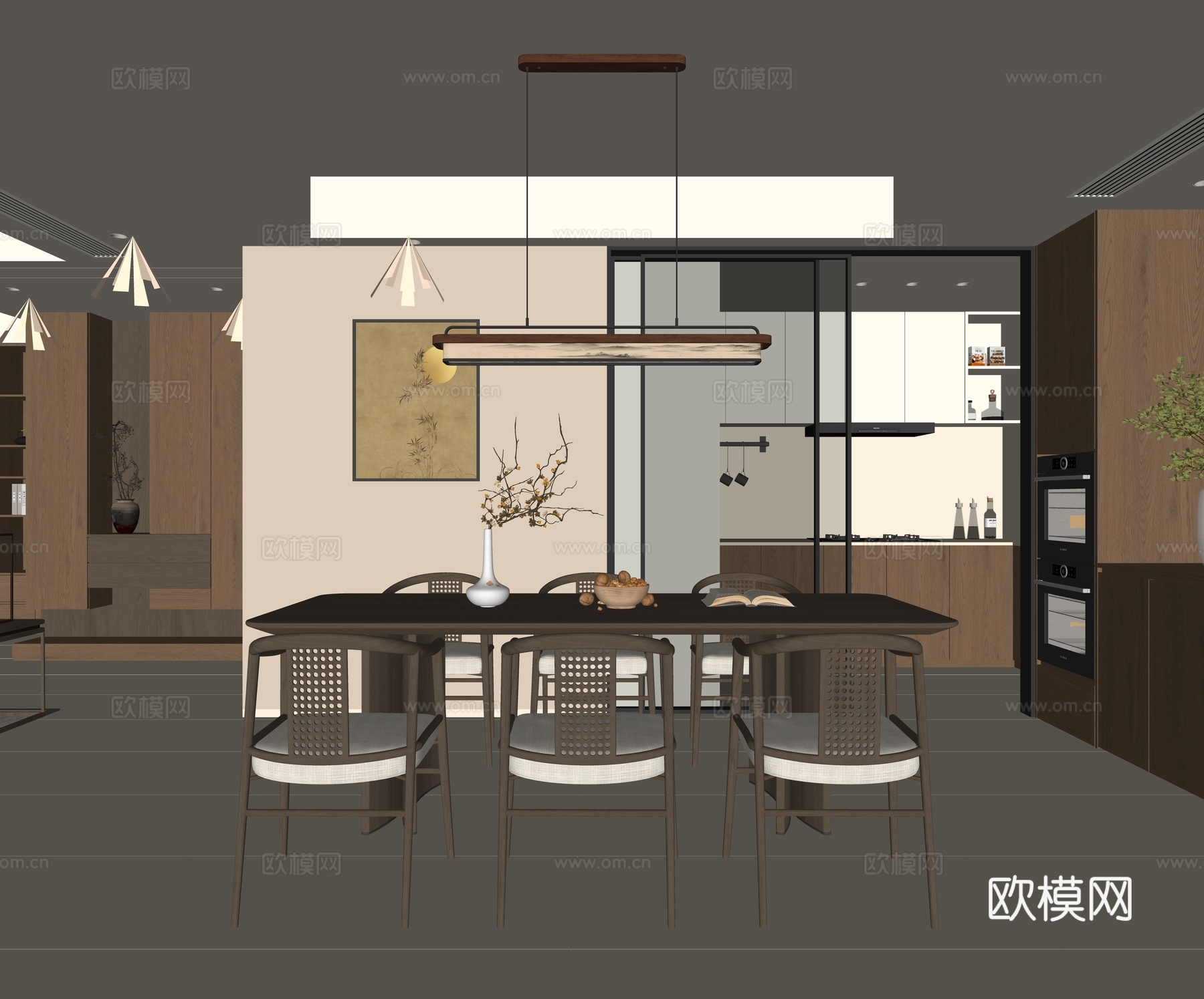 宋式餐厅 新中式餐厅 餐桌椅组合 长方形餐桌 六人餐桌椅su模型