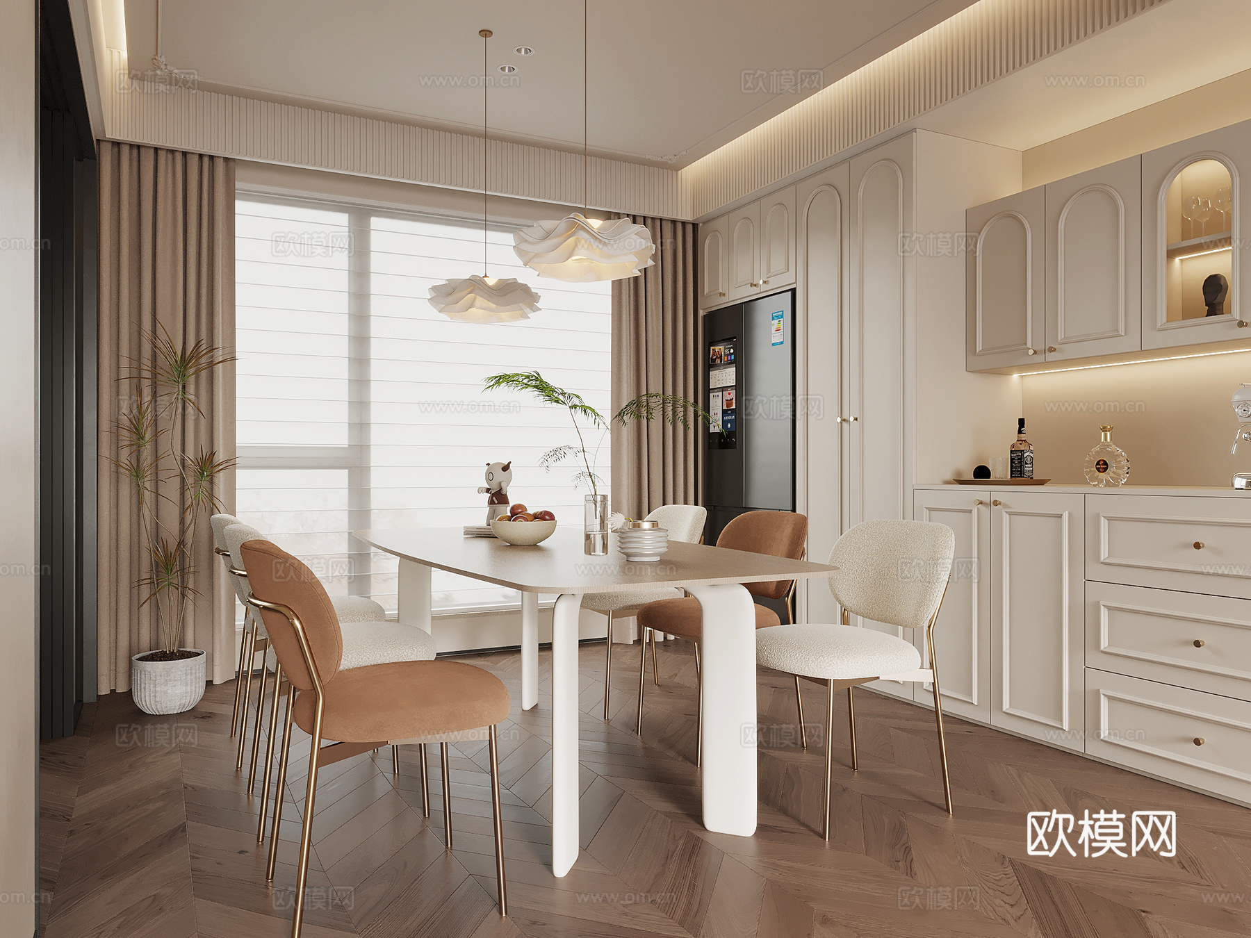 法式奶油风餐厅 酒柜 餐边柜 餐桌椅su模型