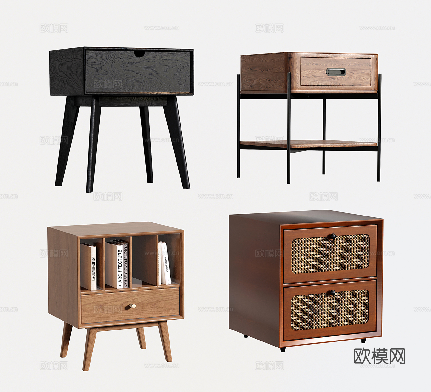 中古实木床头柜 侘寂藤编床头柜su模型