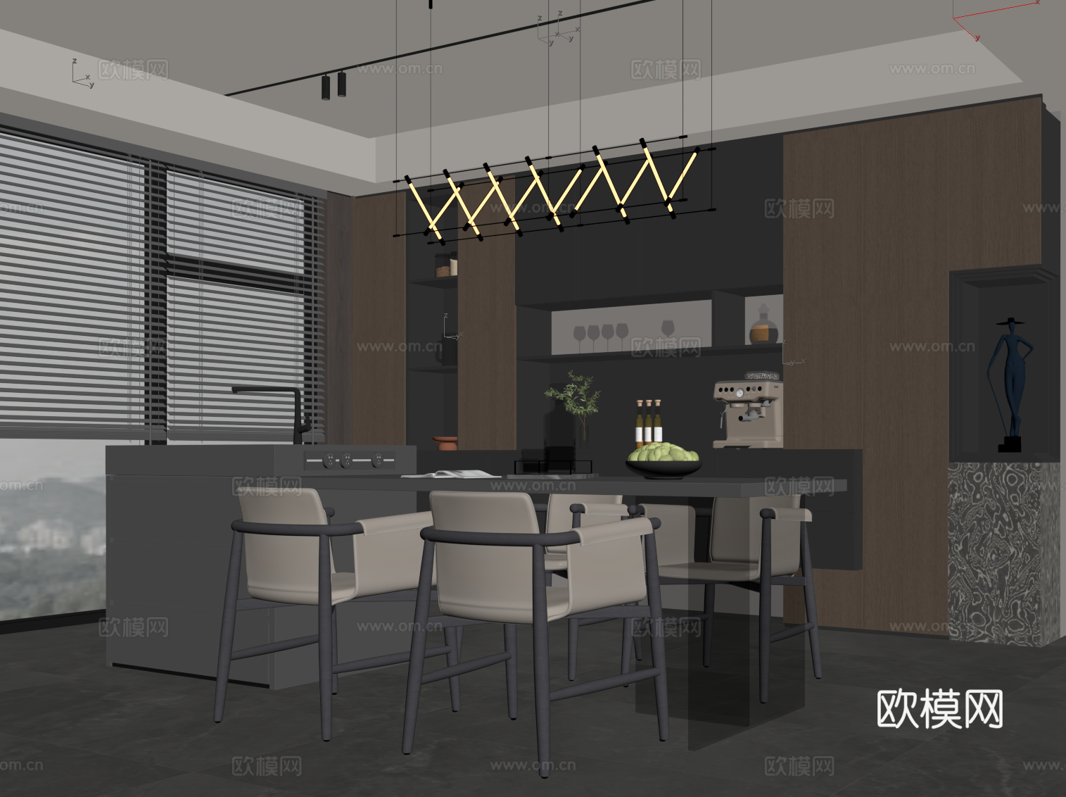 现代意式餐厅 酒柜 餐边柜 餐桌椅su模型