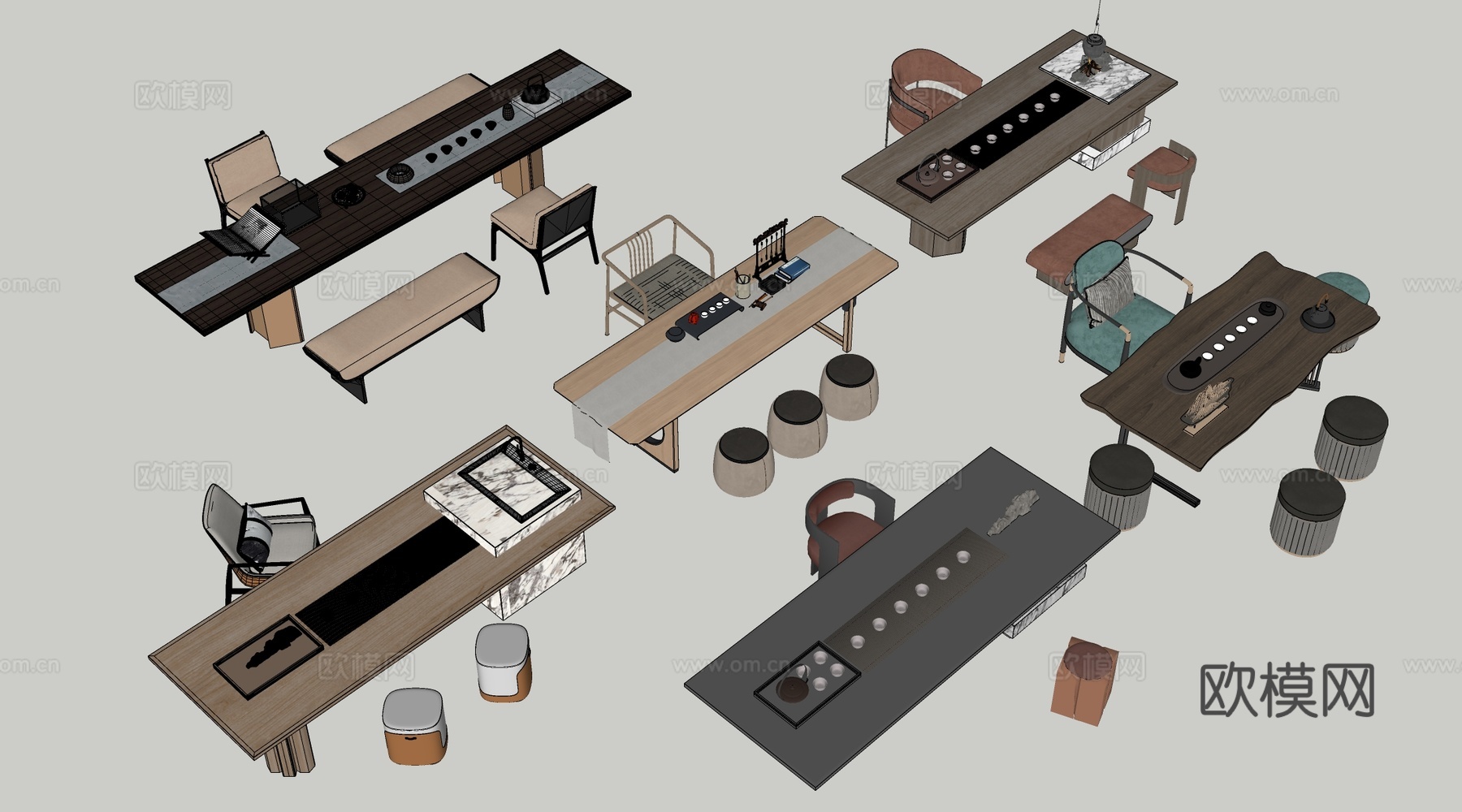 新中式茶桌椅 茶台 茶室桌椅su模型