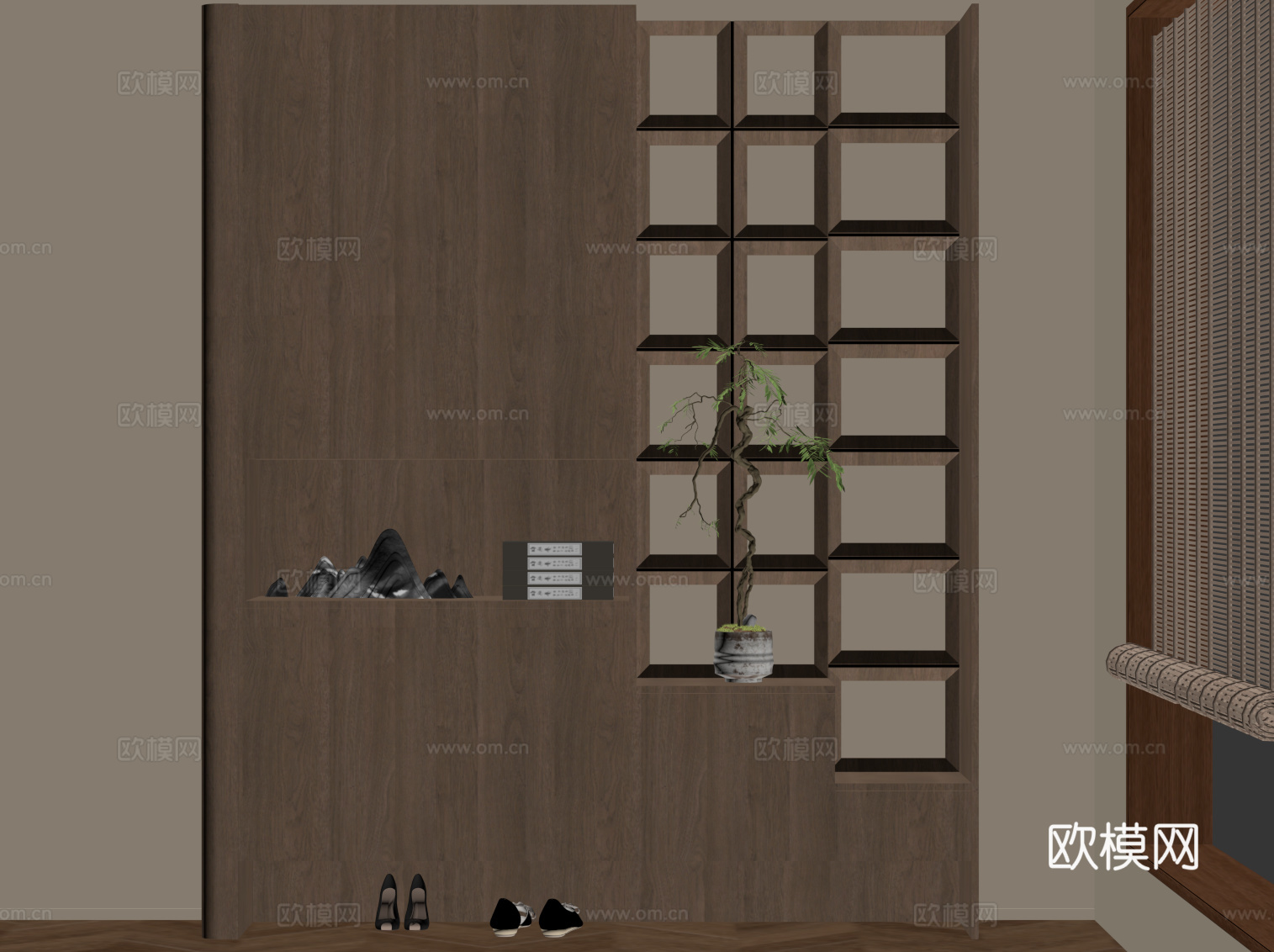 新中式鞋柜 入户玄关柜su模型