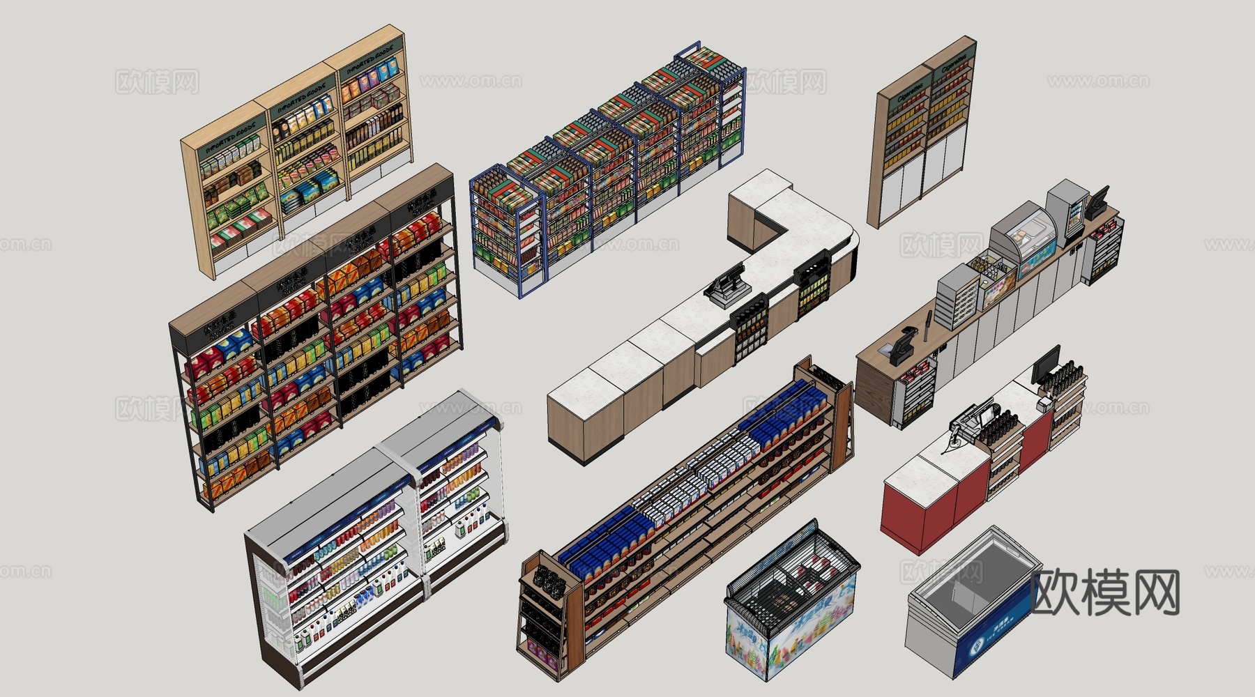 现代超市货架 零食店货架 置物架 文创展架su模型