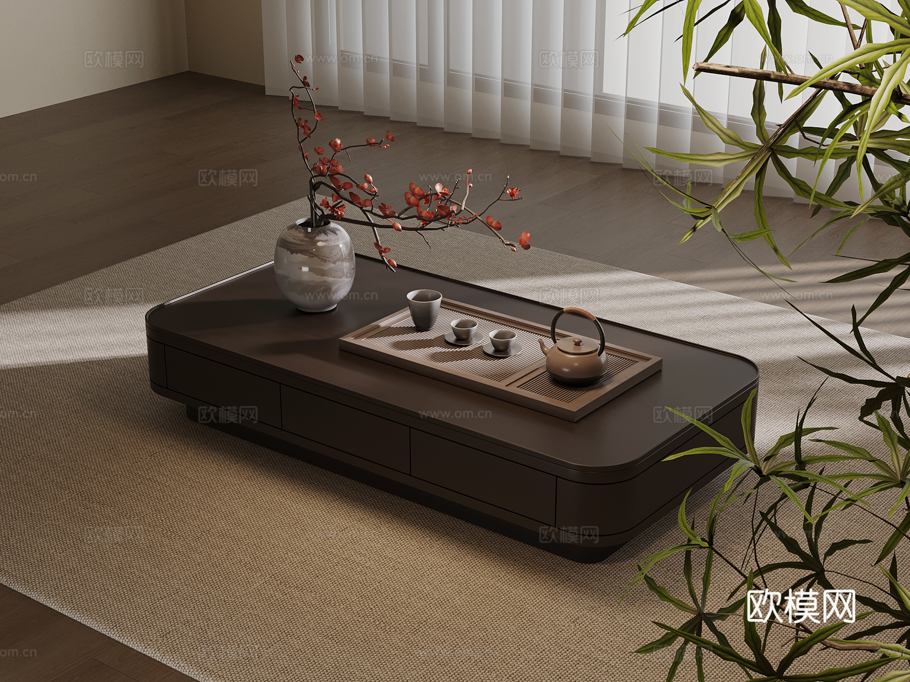 新中式茶几 实木茶几su模型