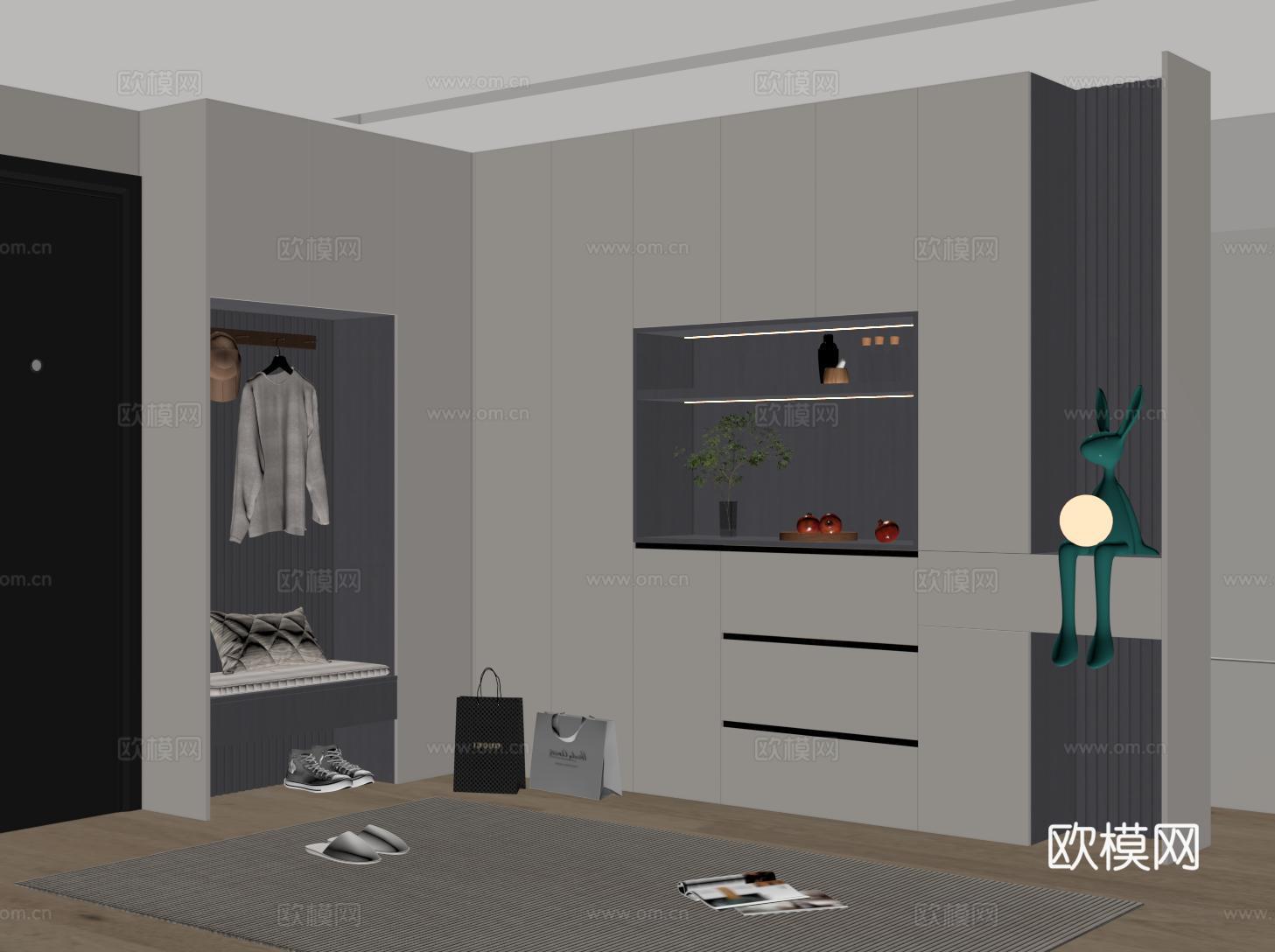 现代酒柜鞋柜一体柜 拐角鞋柜酒柜 鞋柜换鞋凳 酒柜免费su模型