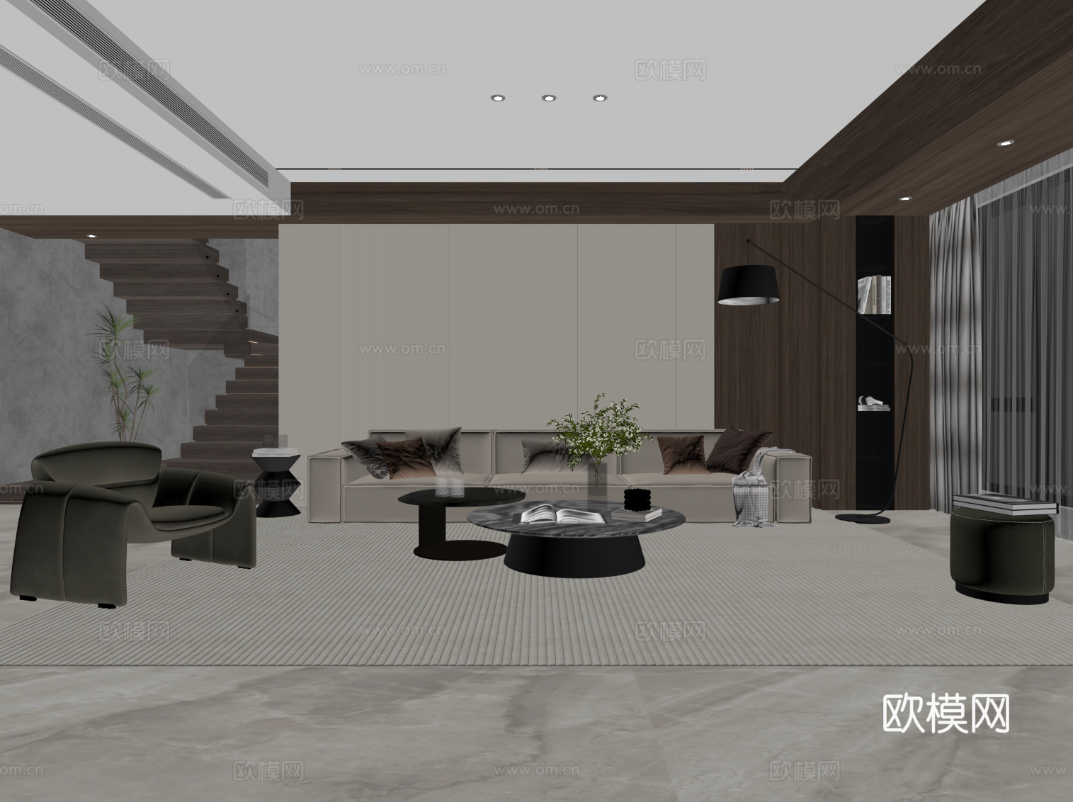 现代客厅 沙发茶几组合 背景墙su模型