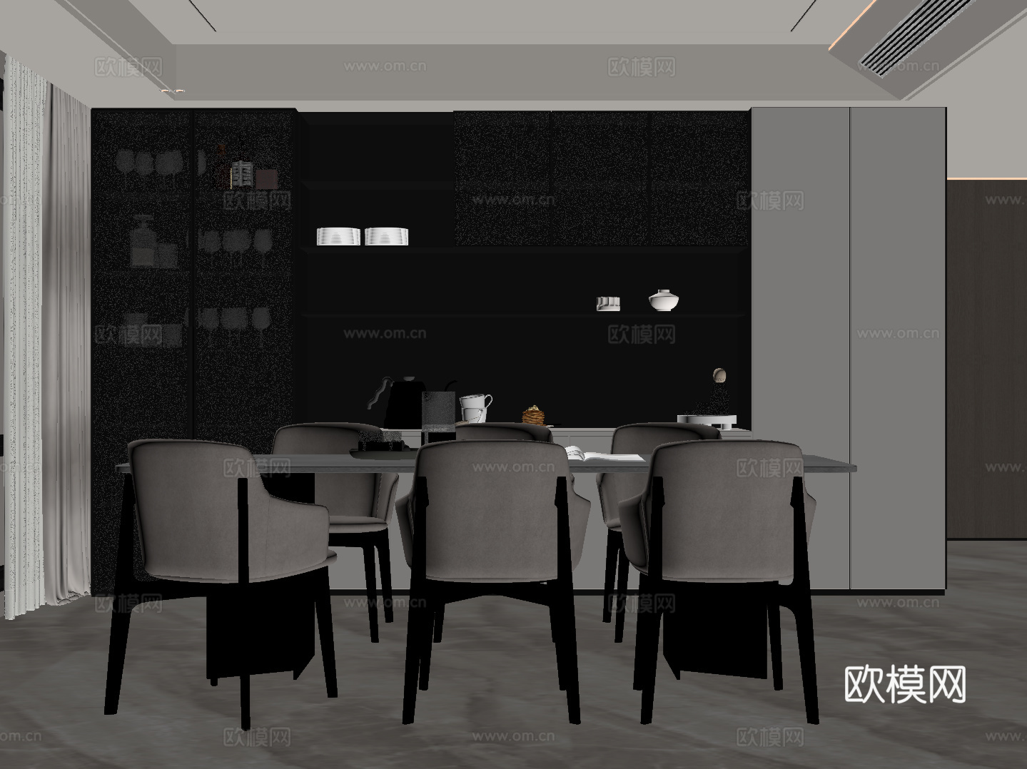 现代餐厅 餐桌椅 餐边柜su模型