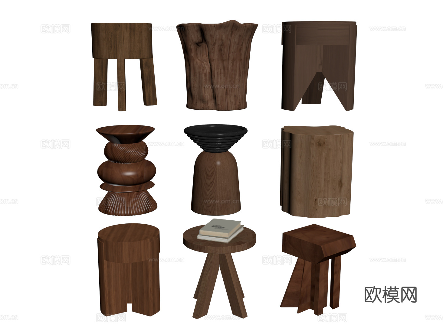 中古边几角几 侘寂小茶几 实木凳子 木墩 木头凳su模型