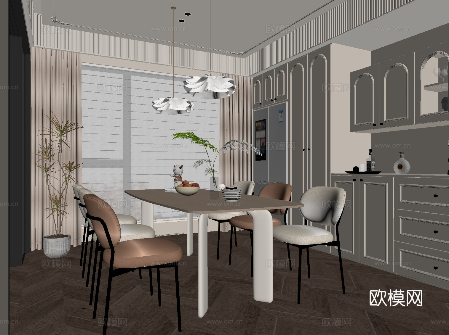 法式奶油风餐厅 酒柜 餐边柜 餐桌椅su模型