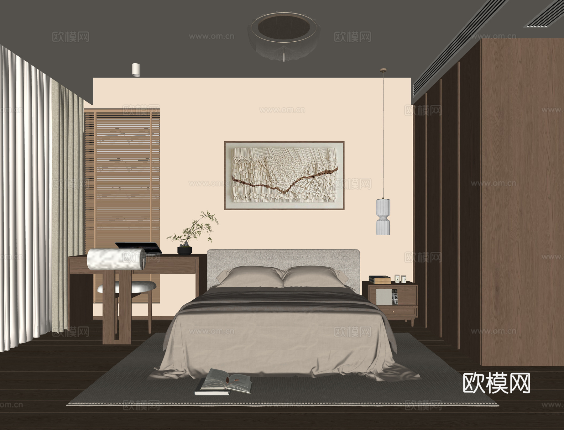 新中式卧室 宋式美学卧室 次卧室 布艺双人床 床头书桌椅su模型
