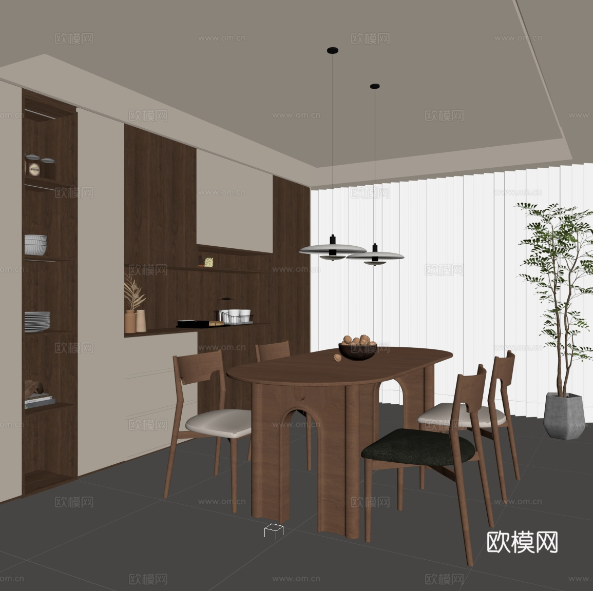 中古风餐厅 餐边柜 酒柜 餐桌椅su模型