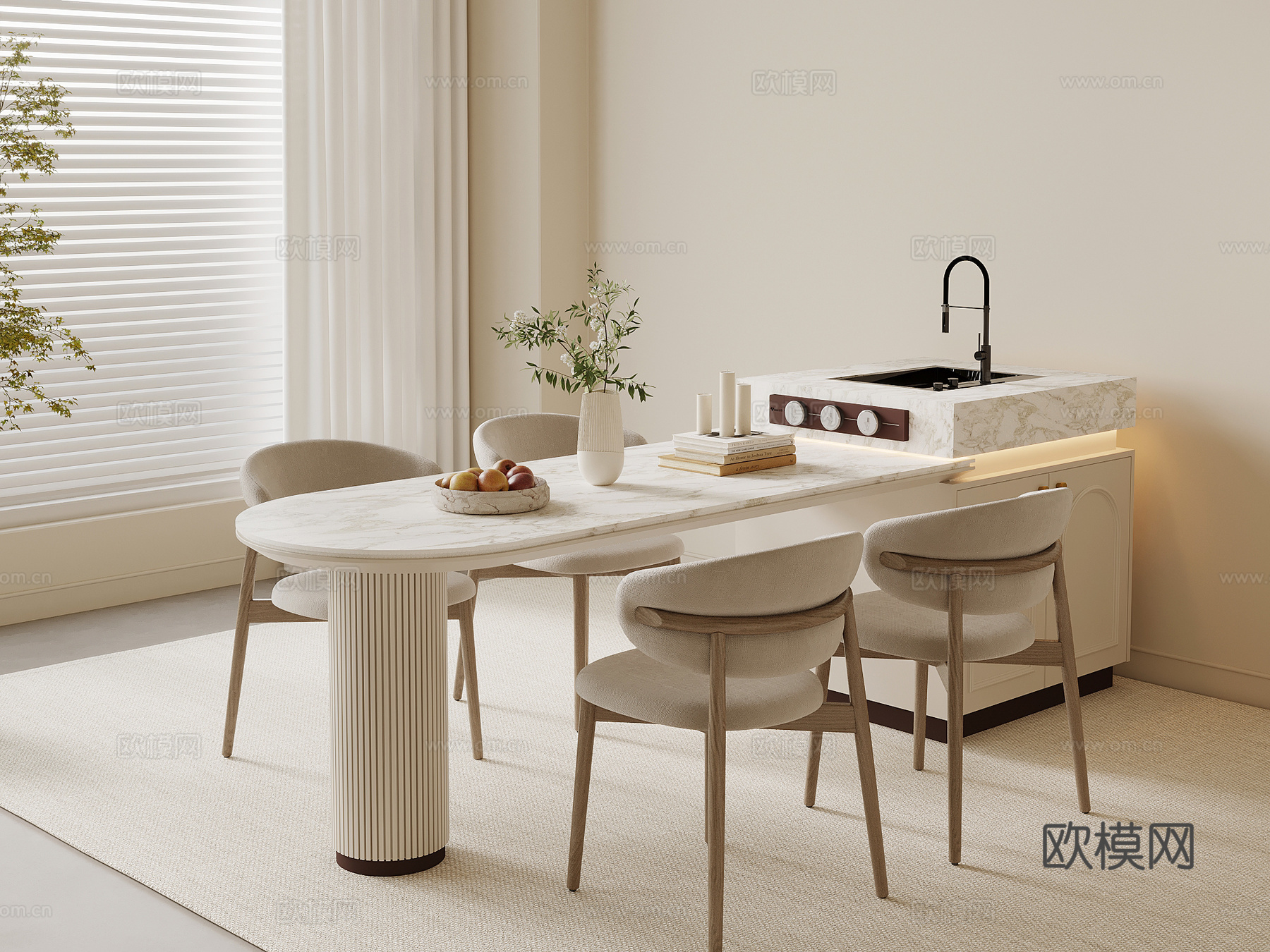 法式奶油风岛台 餐桌椅su模型