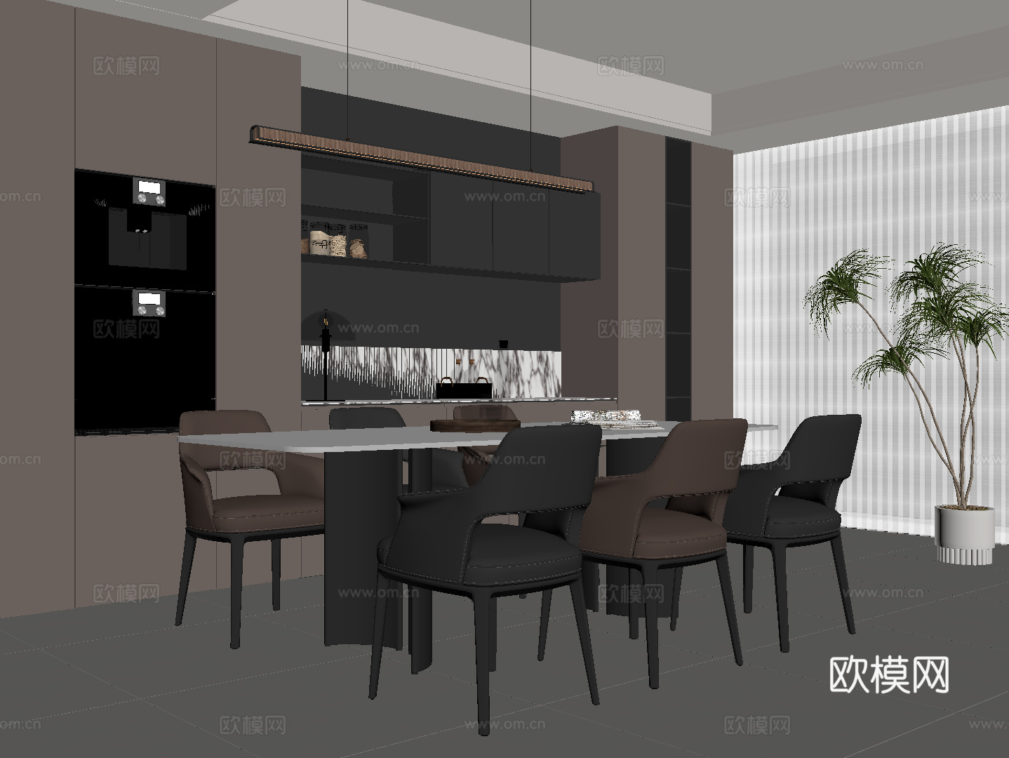 现代意式餐厅 餐桌椅 餐边柜su模型