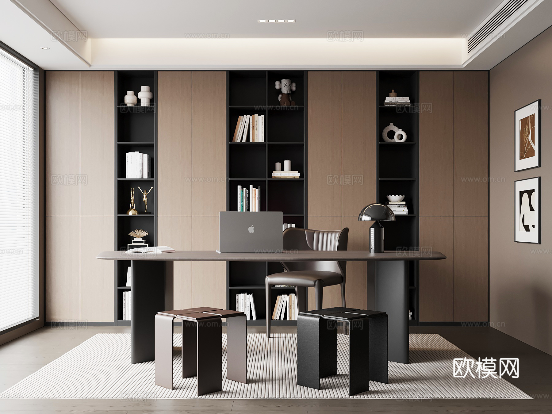 现代意式书房 书桌椅 书柜su模型