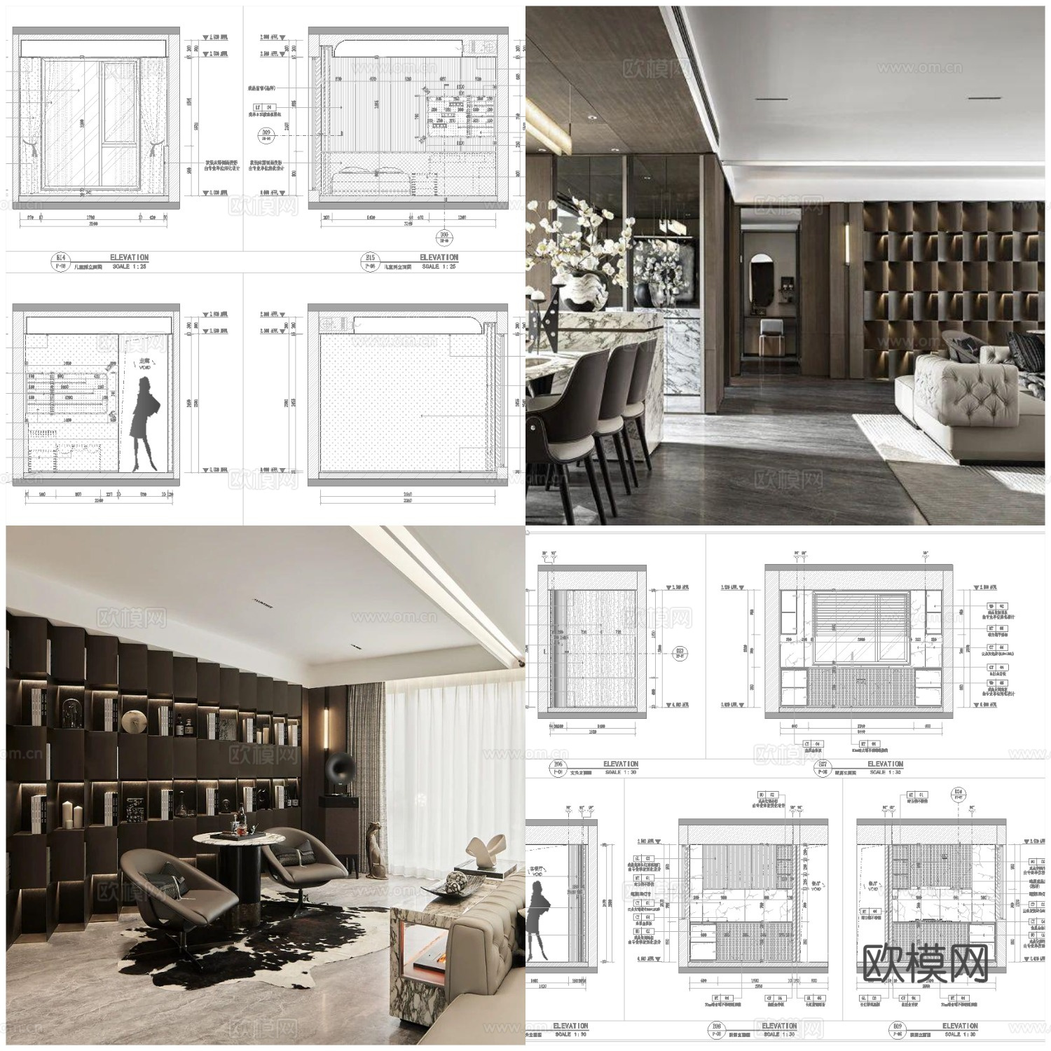 3套意式风样板间 最新全套 效果图 施工图设计cad施工图