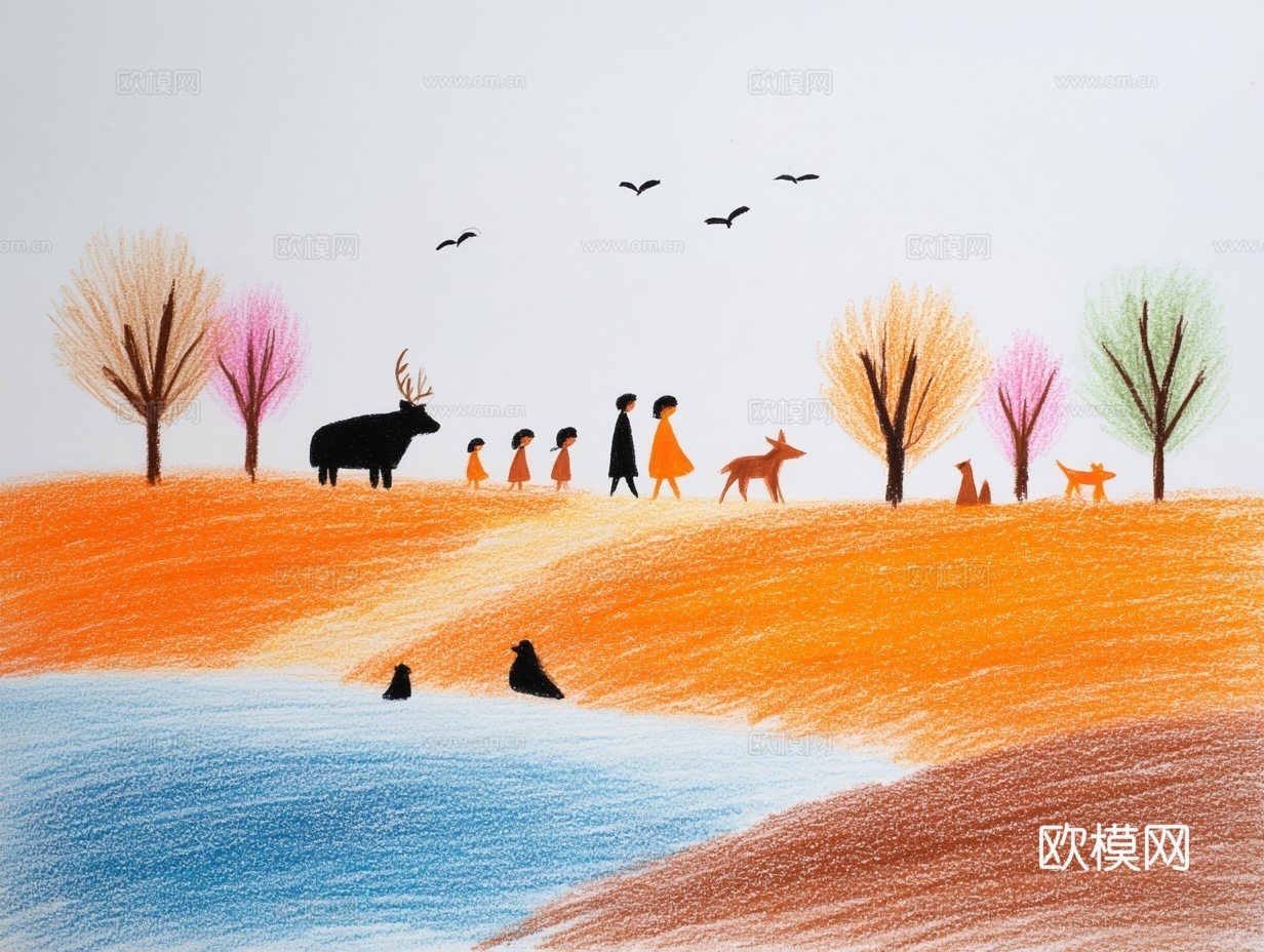 儿童房挂画手工蜡笔画手工铅笔画彩色铅笔画