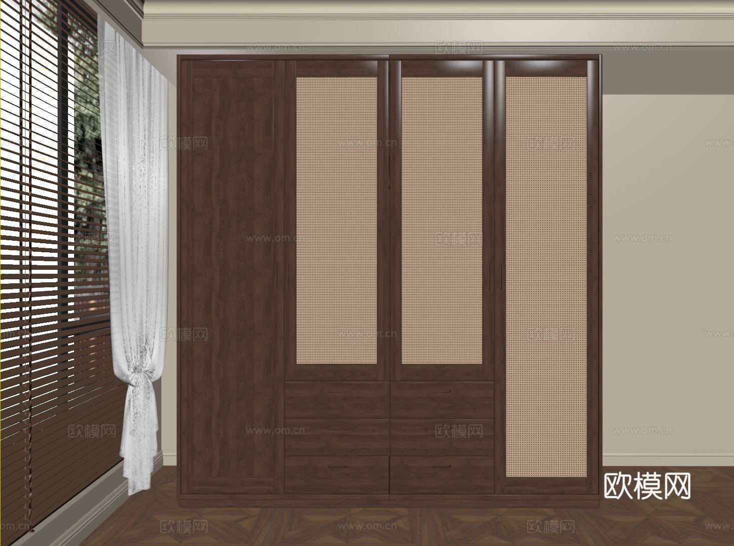 中古实木衣柜 藤编门衣柜su模型