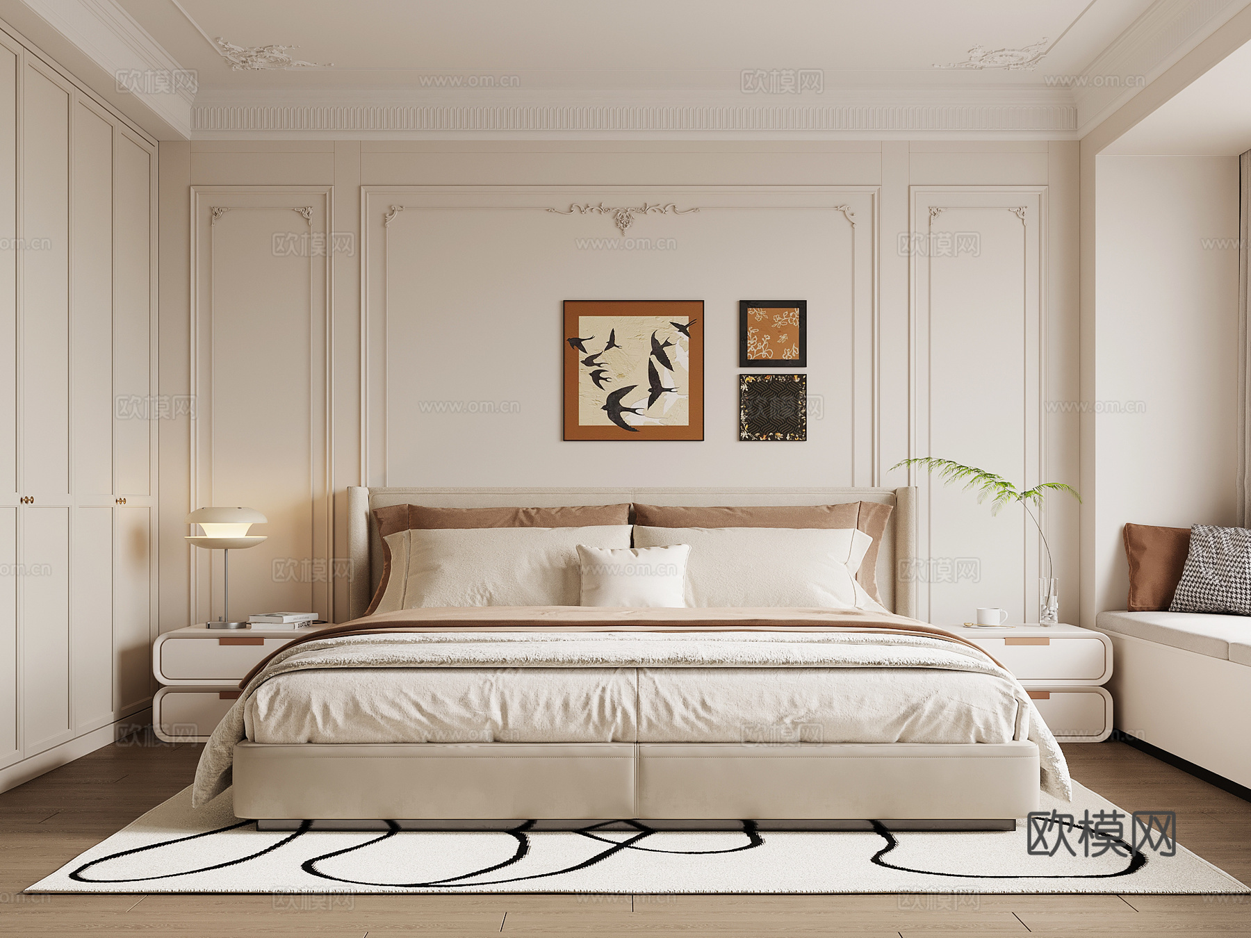 法式奶油卧室 双人床su模型