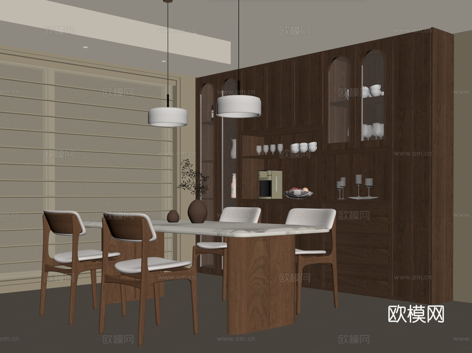 中古风餐厅 酒柜 餐边柜 餐桌椅su模型