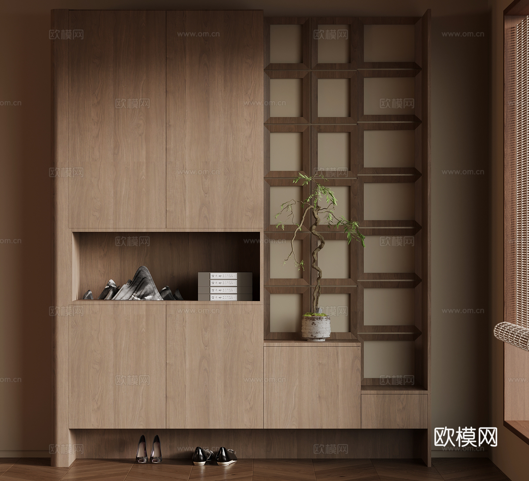 新中式鞋柜 入户玄关柜su模型