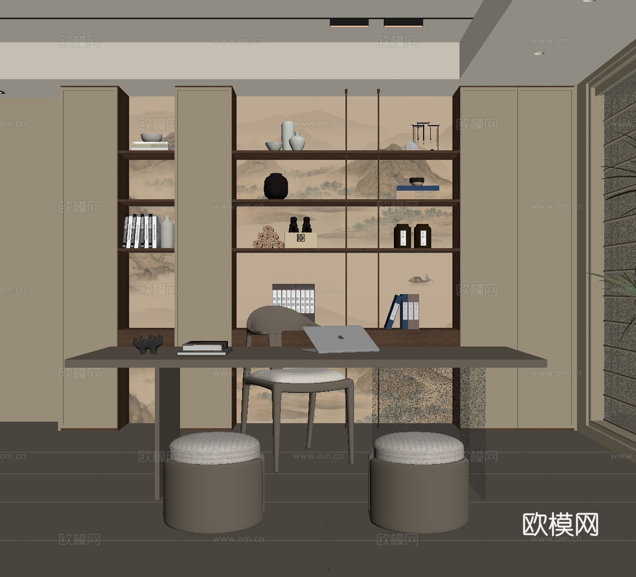 新中式书房 书柜 书桌椅su模型